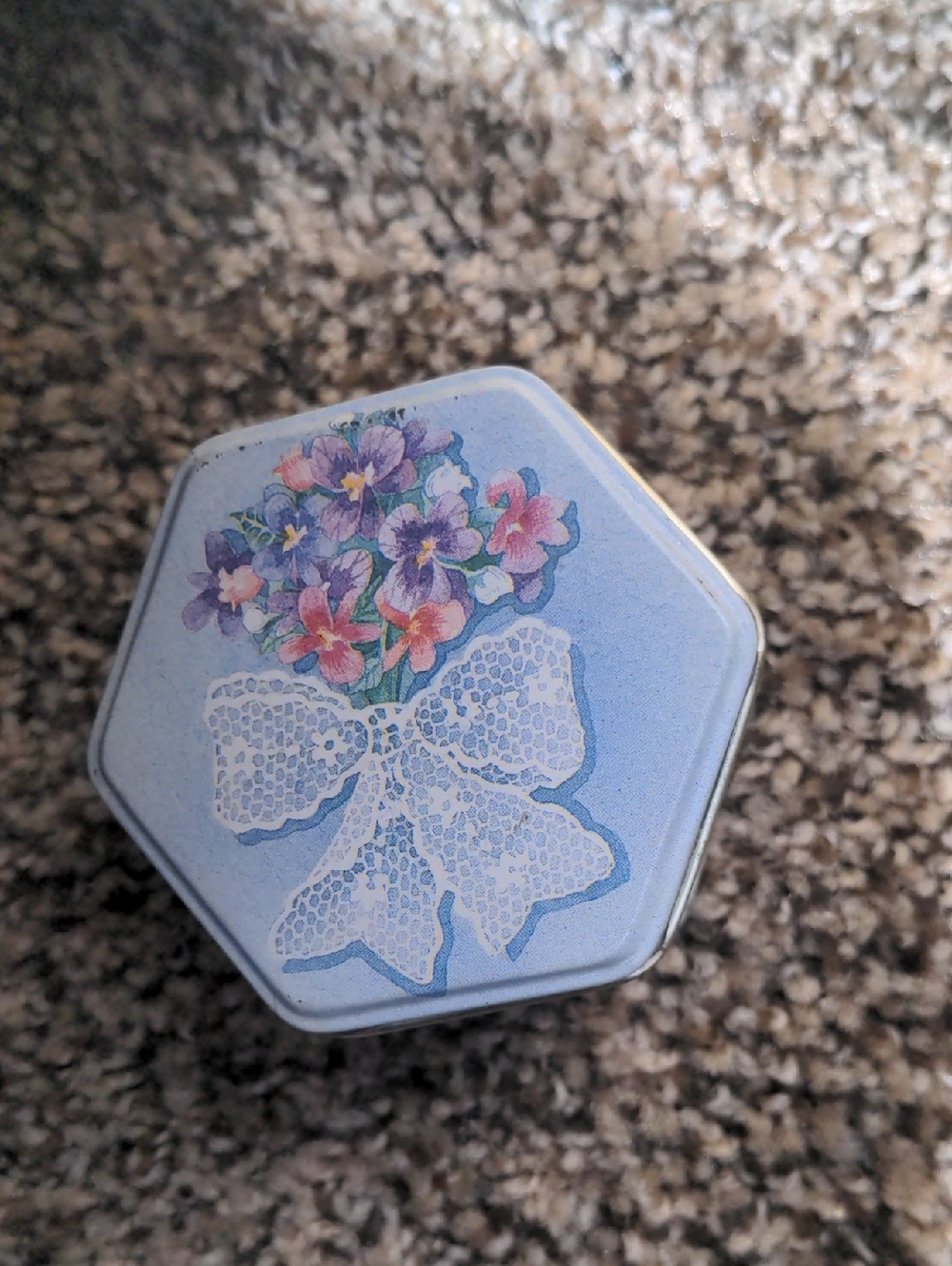 Vintage Hexagonal Blue Floral Tin with Lace Bow Design Made In Hong Kong